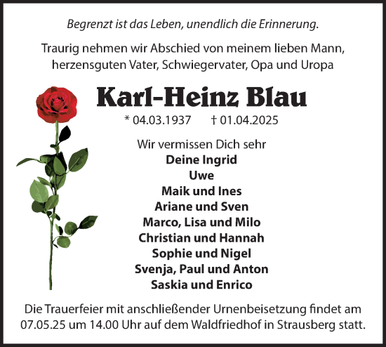 Traueranzeige von Karl-Heinz Blau von Märkische Oderzeitung