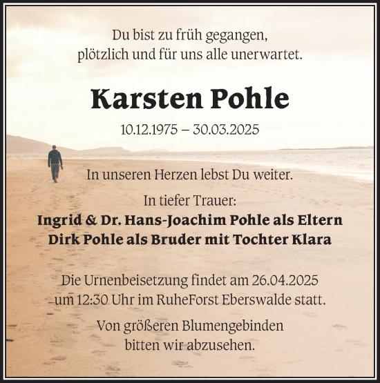 Traueranzeige von Karsten Pohle von Märkische Oderzeitung
