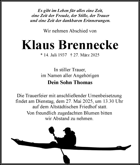 Traueranzeige von Klaus Brennecke von Märkische Oderzeitung