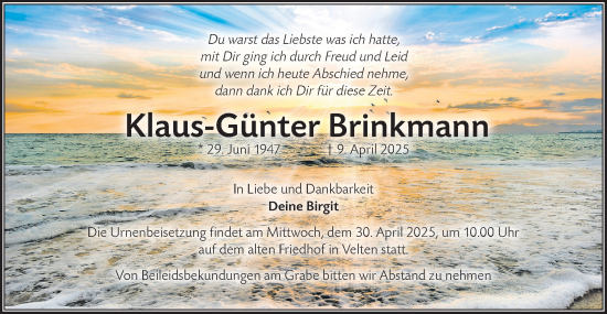 Traueranzeige von Klaus-Günter Brinkmann von Märkische Oderzeitung