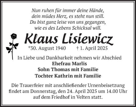 Traueranzeige von Klaus Lisiewicz von Märkische Oderzeitung