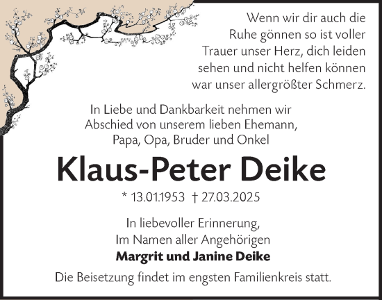 Traueranzeige von Klaus-Peter Deike von Märkische Oderzeitung