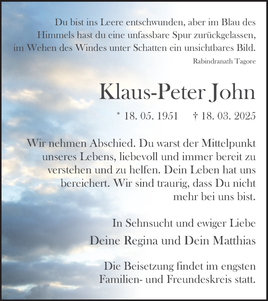  Traueranzeige für Klaus-Peter John vom 05.04.2025 aus Märkische Oderzeitung