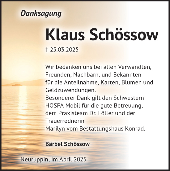 Traueranzeige von Klaus Schössow von Märkische Oderzeitung