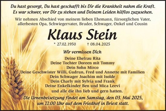 Traueranzeige von Klaus Stein von Märkische Oderzeitung