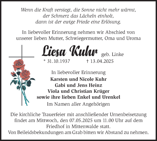 Traueranzeige von Liesa Kuhr von Märkische Oderzeitung