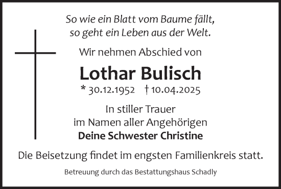 Traueranzeige von Lothar Bulisch von Märkische Oderzeitung