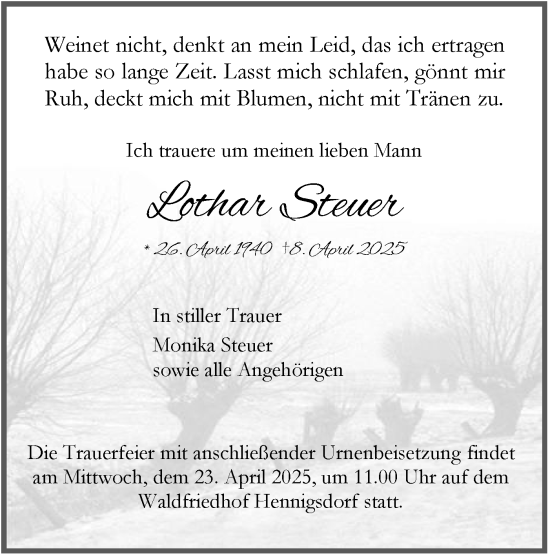 Traueranzeige von Lothar Steuer von Märkische Oderzeitung