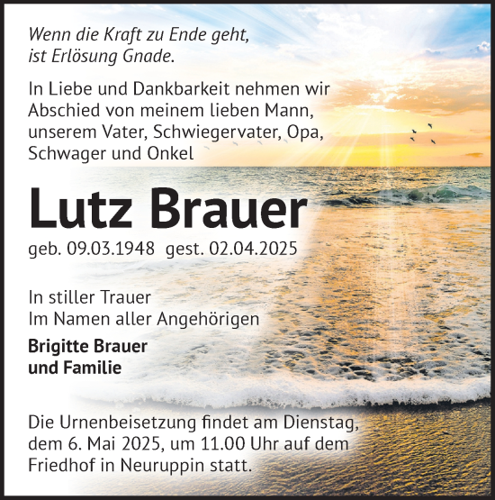 Traueranzeige von Lutz Brauer von Märkische Oderzeitung