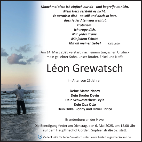 Traueranzeige von Léon Grewatsch von Märkische Oderzeitung