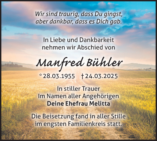 Traueranzeige von Manfred Bühler von Märkische Oderzeitung