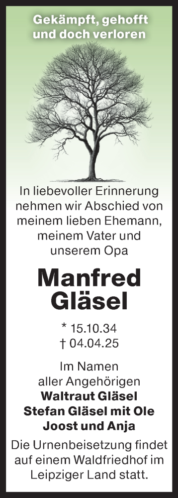 Traueranzeige von Manfred Gläsel von Märkische Oderzeitung