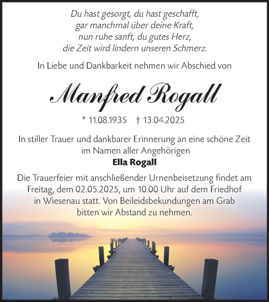Traueranzeige von Manfred Rogall von Märkische Oderzeitung
