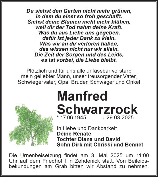 Traueranzeige von Manfred Schwarzrock von Märkische Oderzeitung