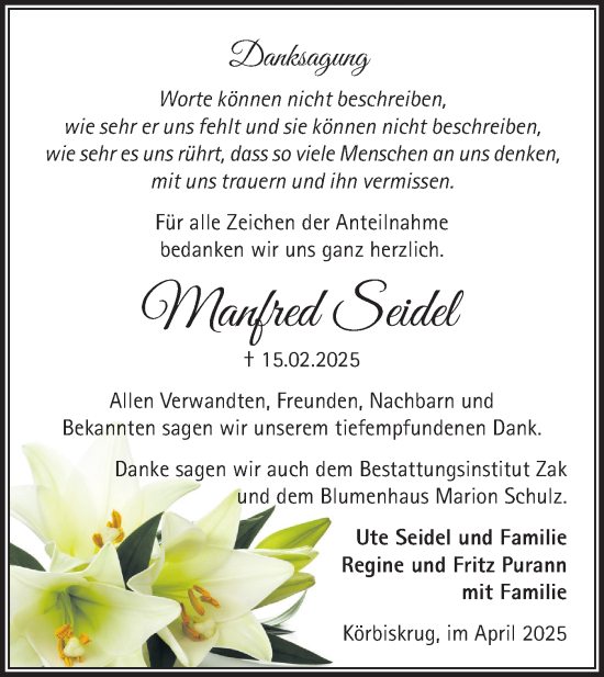 Traueranzeige von Manfred Seidel von Märkische Oderzeitung