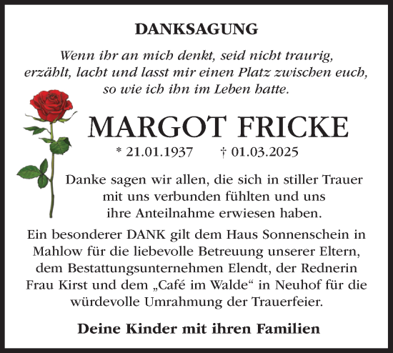 Traueranzeige von Margot Fricke von Märkische Oderzeitung