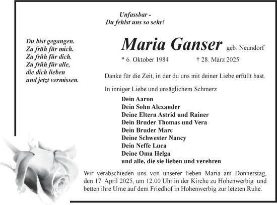 Traueranzeige von Maria Ganser von Märkische Oderzeitung