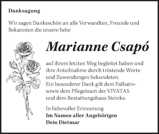 Traueranzeige von Marianne Csapo von Märkische Oderzeitung