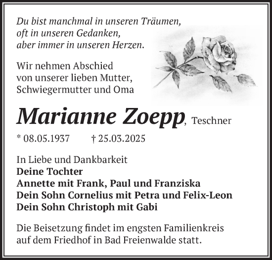 Traueranzeige von Marianne Zoepp von Märkische Oderzeitung