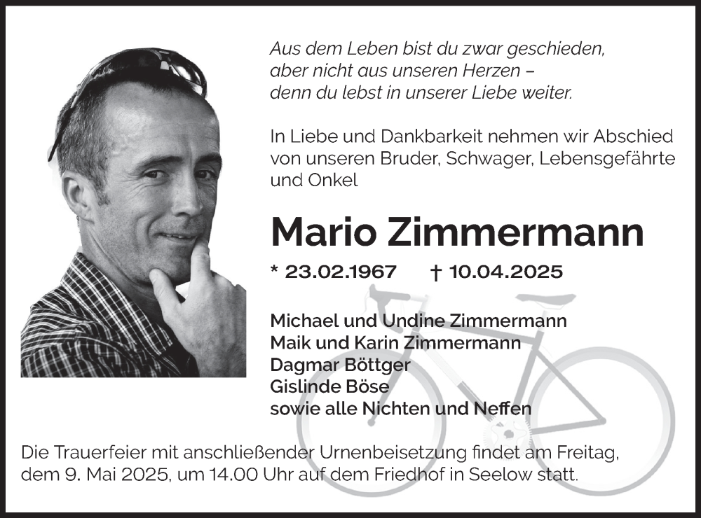  Traueranzeige für Mario Zimmermann vom 26.04.2025 aus Märkische Oderzeitung