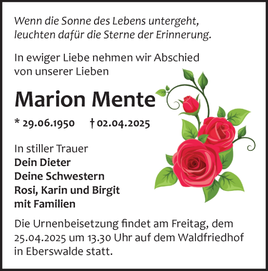 Traueranzeige von Marion Mente von Märkische Oderzeitung