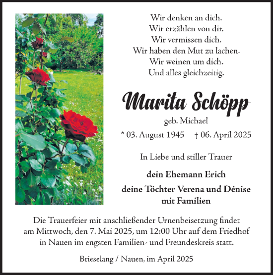 Traueranzeige von Marita Schöpp von Märkische Oderzeitung