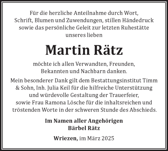 Traueranzeige von Martin Rätz von Märkische Oderzeitung