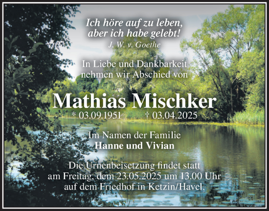 Traueranzeige von Mathias Mischker von Märkische Oderzeitung