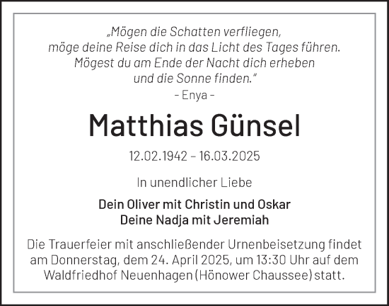 Traueranzeige von Matthias Günsel von Märkische Oderzeitung