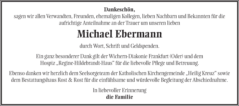  Traueranzeige für Michael Ebermann vom 05.04.2025 aus Märkische Oderzeitung