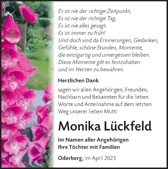 Traueranzeige von Monika Lückfeld von Märkische Oderzeitung