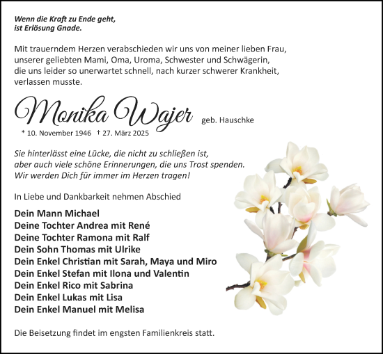 Traueranzeige von Monika Wajer von Märkische Oderzeitung