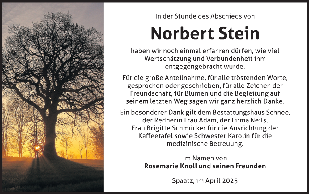  Traueranzeige für Norbert Stein vom 05.04.2025 aus Märkische Oderzeitung