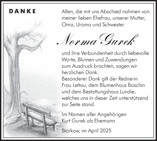 Traueranzeige von Norma Gurek von Märkische Oderzeitung