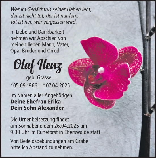 Traueranzeige von Olaf Ilenz von Märkische Oderzeitung