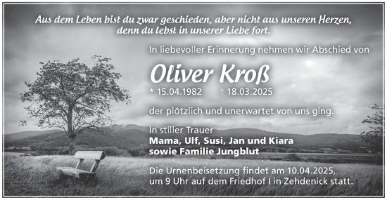 Traueranzeige von Oliver Kroß von Märkische Oderzeitung