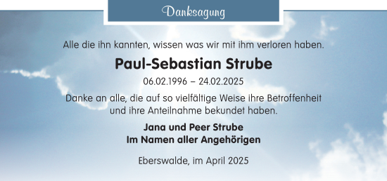 Traueranzeige von Paul-Sebastian Strube von Märkische Oderzeitung