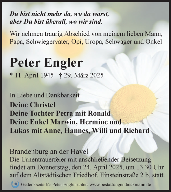 Traueranzeige von Peter Engler von Märkische Oderzeitung