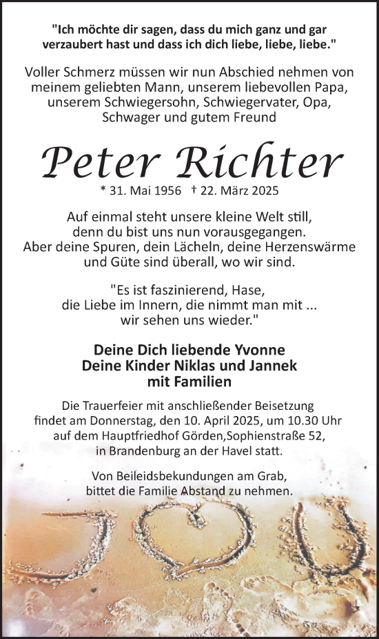 Traueranzeige von Peter Richter von Märkische Oderzeitung