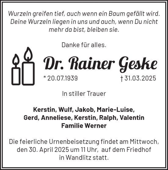 Traueranzeige von Rainer Geske von Märkische Oderzeitung