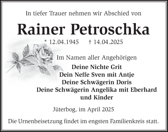 Traueranzeige von Rainer Petroschka von Märkische Oderzeitung