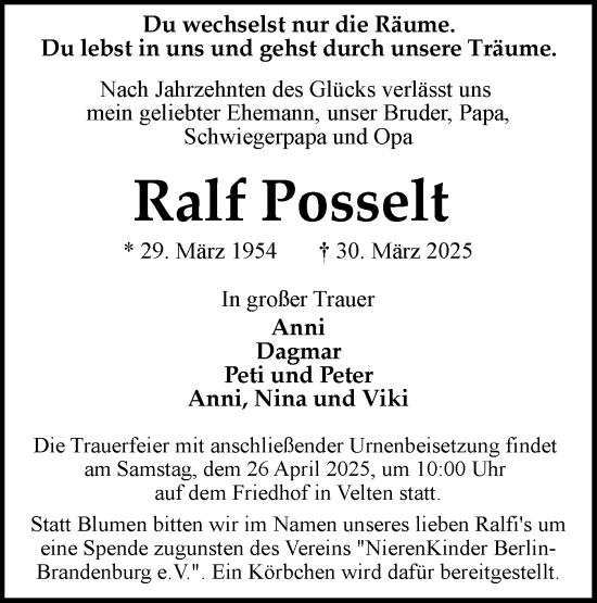 Traueranzeige von Ralf Posselt von Märkische Oderzeitung