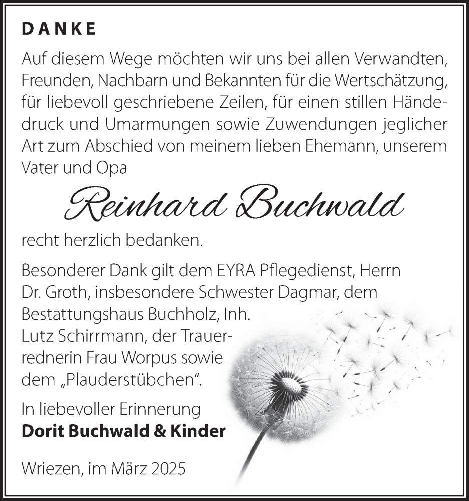  Traueranzeige für Reinhard Buchwald vom 05.04.2025 aus Märkische Oderzeitung