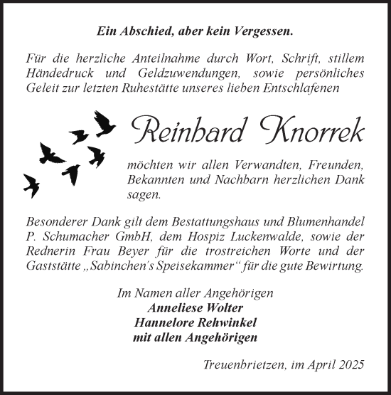 Traueranzeige von Reinhard Knorrek von Märkische Oderzeitung