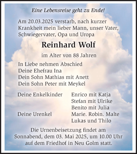 Traueranzeige von Reinhard Wolf von Märkische Oderzeitung