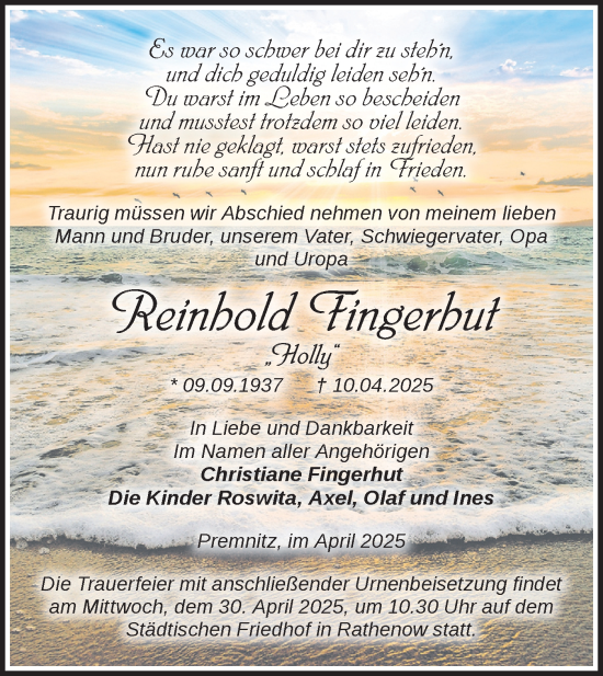 Traueranzeige von Reinhold Fingerhut von Märkische Oderzeitung