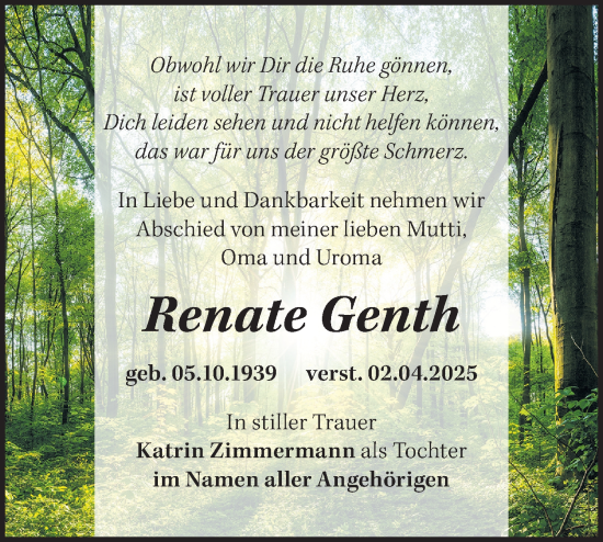 Traueranzeige von Renate Genth von Märkische Oderzeitung