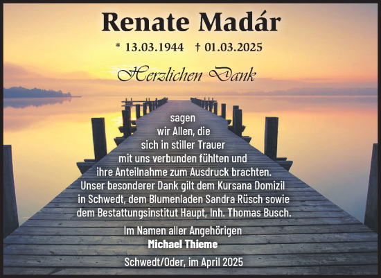 Traueranzeige von Renate Madar von Märkische Oderzeitung