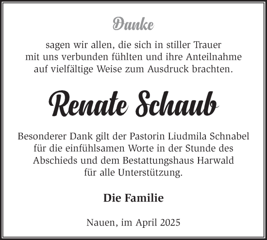 Traueranzeige von Renate Schaub von Märkische Oderzeitung