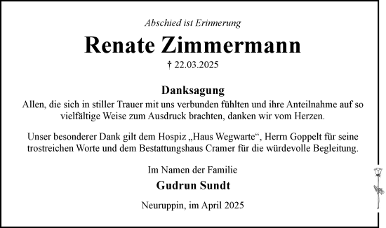 Traueranzeige von Renate Zimmermann von Märkische Oderzeitung